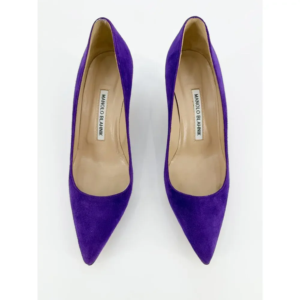Manolo Blahnik BB Pumps Purple Suede Pointed Toe Low Kitten Heel Shoes 37
